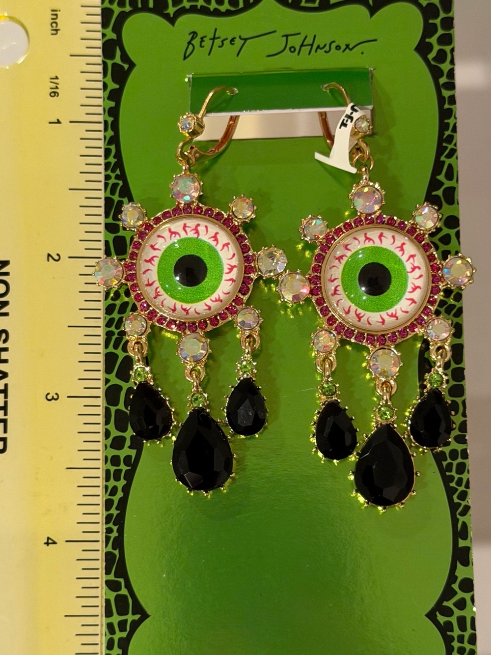 BETSEY JOHNSON DANGLE DROP EVIL EYE EARRINGS BLACK CRYSTAL TEARS HALLOWEEN NWT - Picture 10 of 10